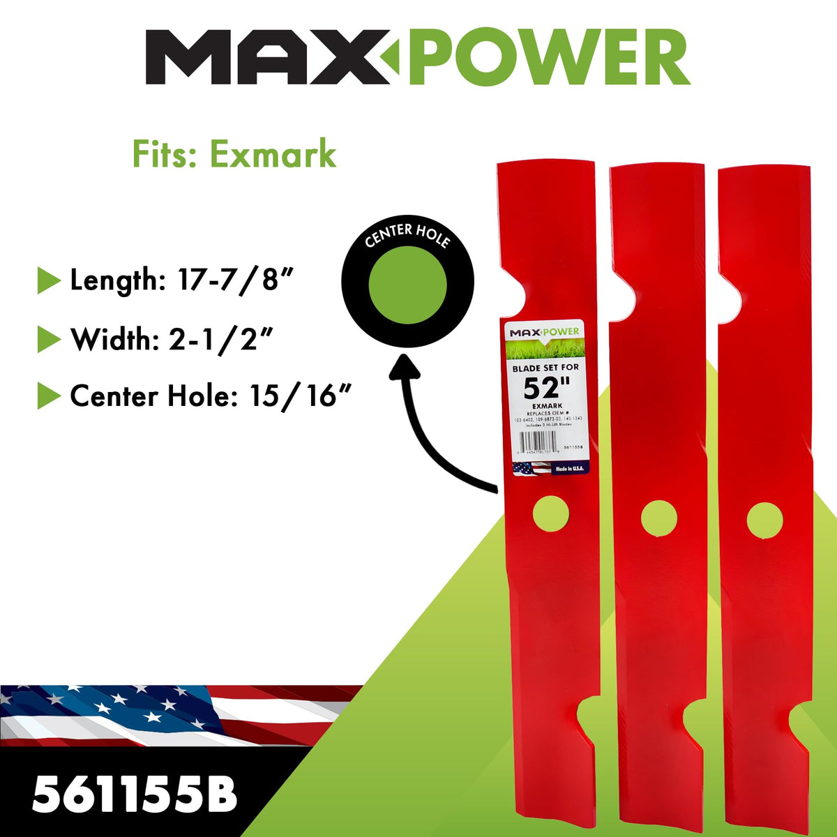 MaxPower 561155B USA Made 3 Hi-Lift Blade Set