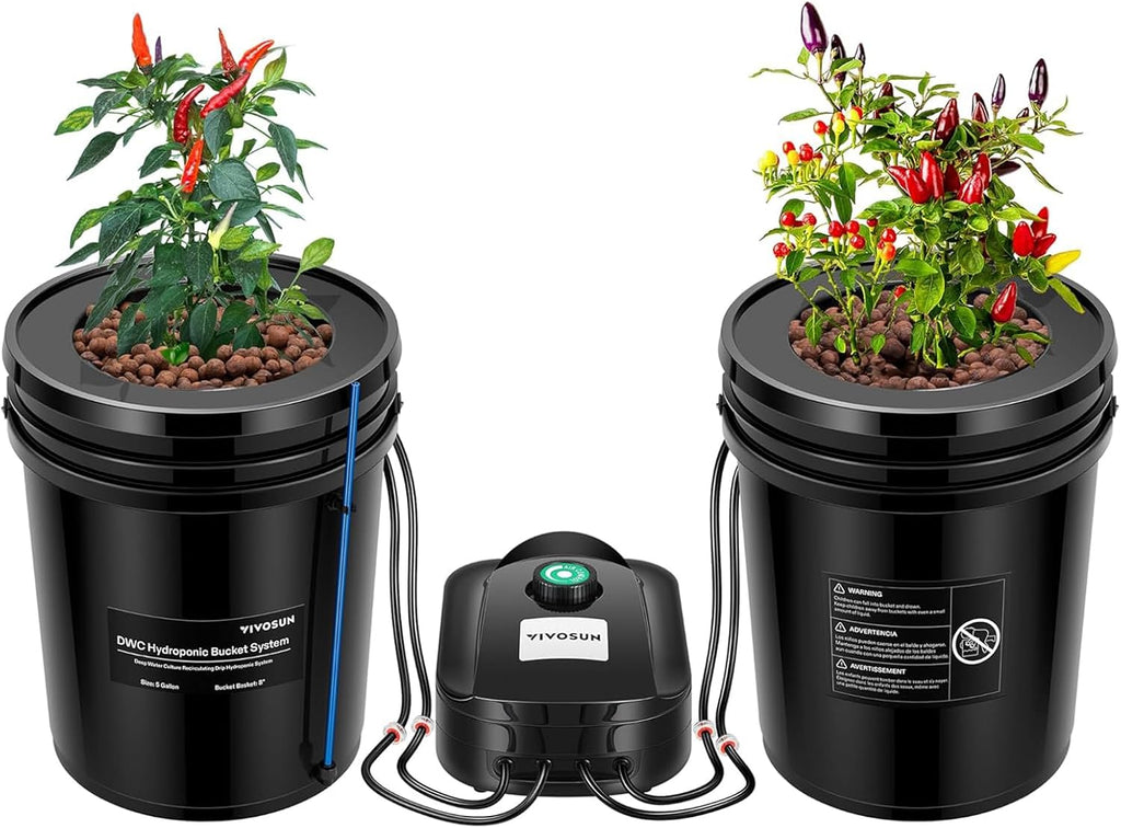 DWC Hydroponics Grow System with Top Drip Kit 2 Buckets | 5-Gallon Deep Water Culture, Recirculating Drip Garden