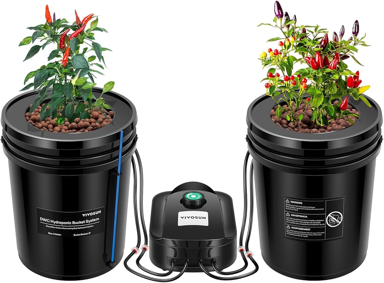 DWC Hydroponics Grow System with Top Drip Kit 2 Buckets | 5-Gallon Deep Water Culture, Recirculating Drip Garden