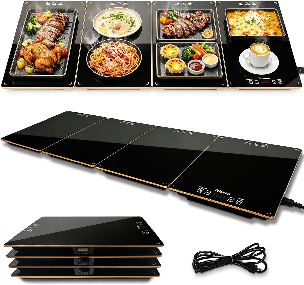 Electric Warming Tray, 42.5"x14.96" Extra Large 4-in-1 Food Warmer for with 8 Temp Settings & Timer, 4MM Tempered