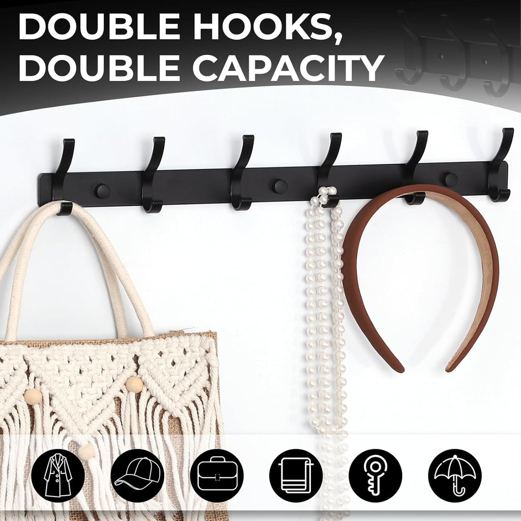 Coat Rack Wall Mount, 2 Pack Coat Hooks Hanger Wall Double Hook Rack Rail Towel Hat Rack Entryway Bathroom Hanger