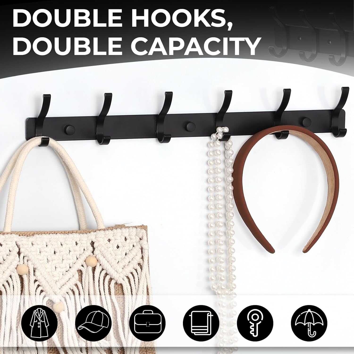 Coat Rack Wall Mount, 2 Pack Coat Hooks Hanger Wall Double Hook Rack Rail Towel Hat Rack Entryway Bathroom Hanger