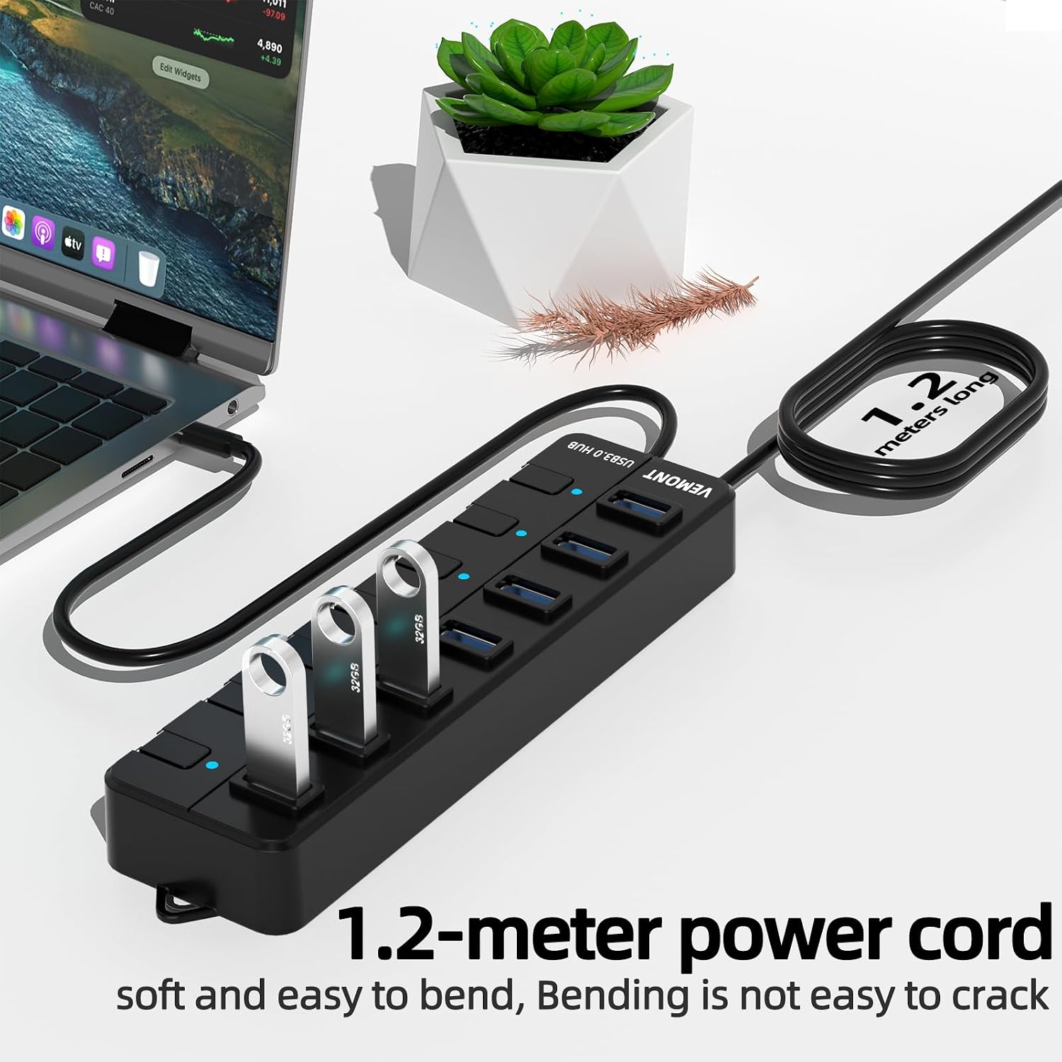 USB hub,7 Port USB 3.0 Hub,VEMONT USB Splitter with Individual On/Off Switches and Lights, 4ft/1.2m USB HUB Long