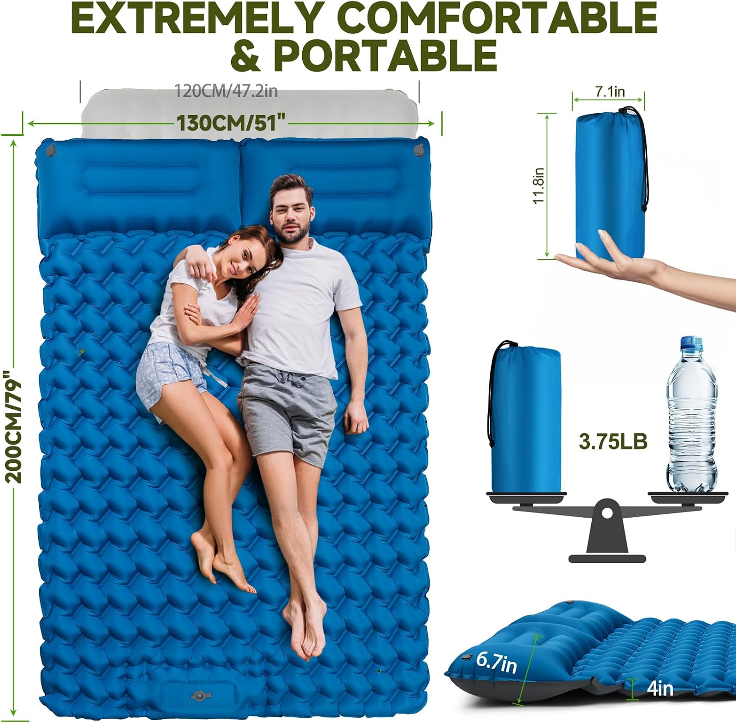 Double Camping Sleeping Pad, 4"" Extra Thick 2 Person Inflatable Sleeping Pad with Built-in Foot Pump & Pillow