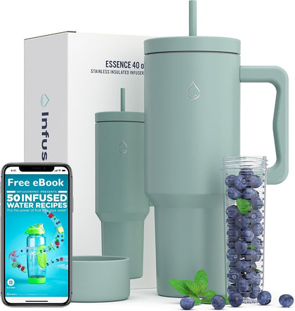 40 oz Tumbler with Handle, Fruit Infuser & Straw Lid : 50 Recipe Fruit Infusion eBook : Bottom Boot : Fits Cupholder