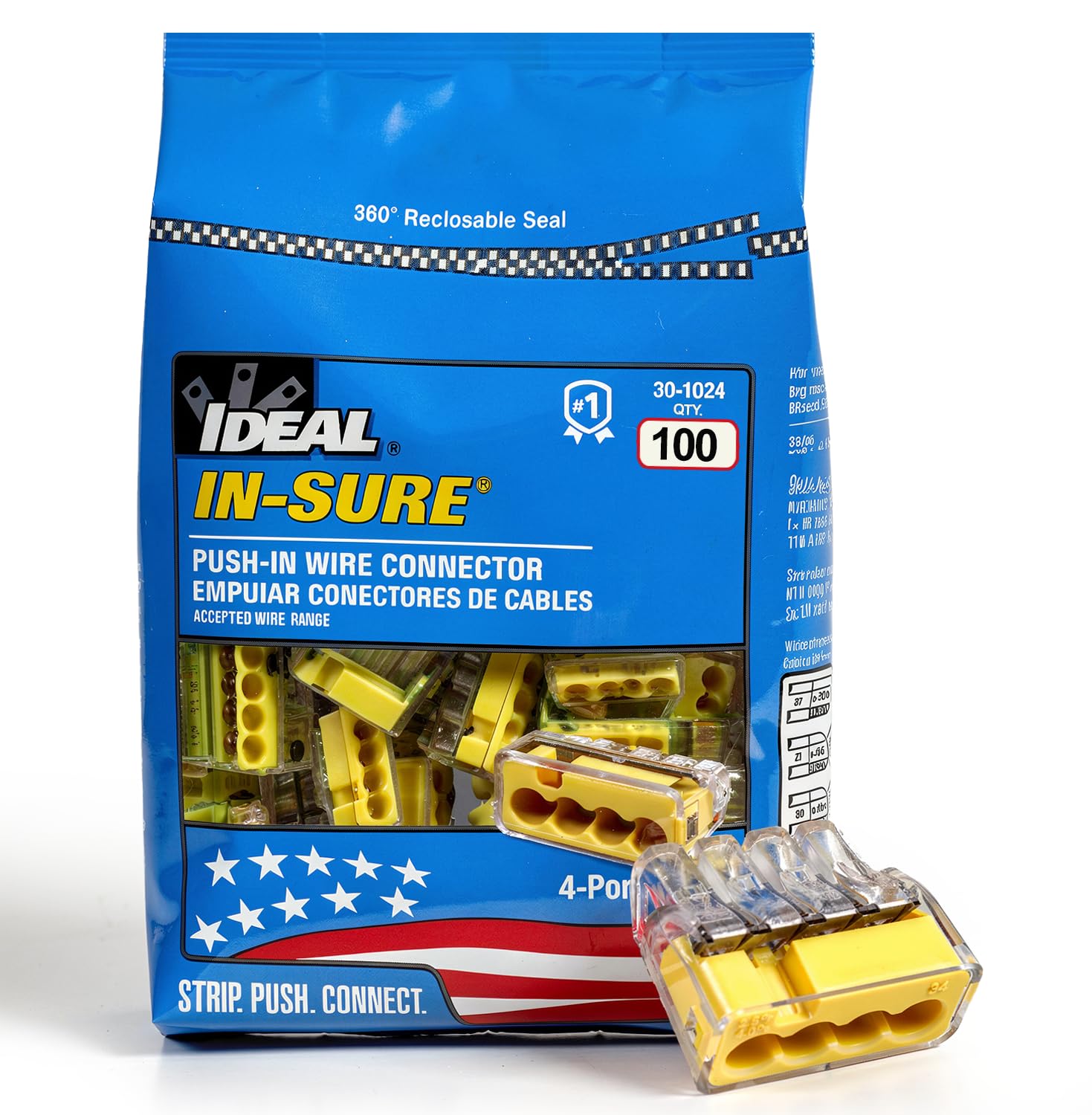 Ideal Electrical in-Sure Push-in Wire Connector, 4-Port (30-1034P), Bag of 100-Color Coded No-Twist Connectors for