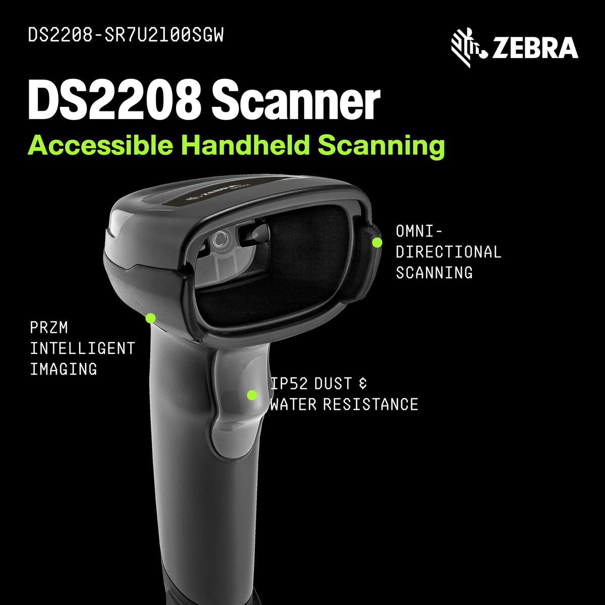 Zebra DS2208 Handheld Barcode Scanner with Stand | 1D/2D, QR Code