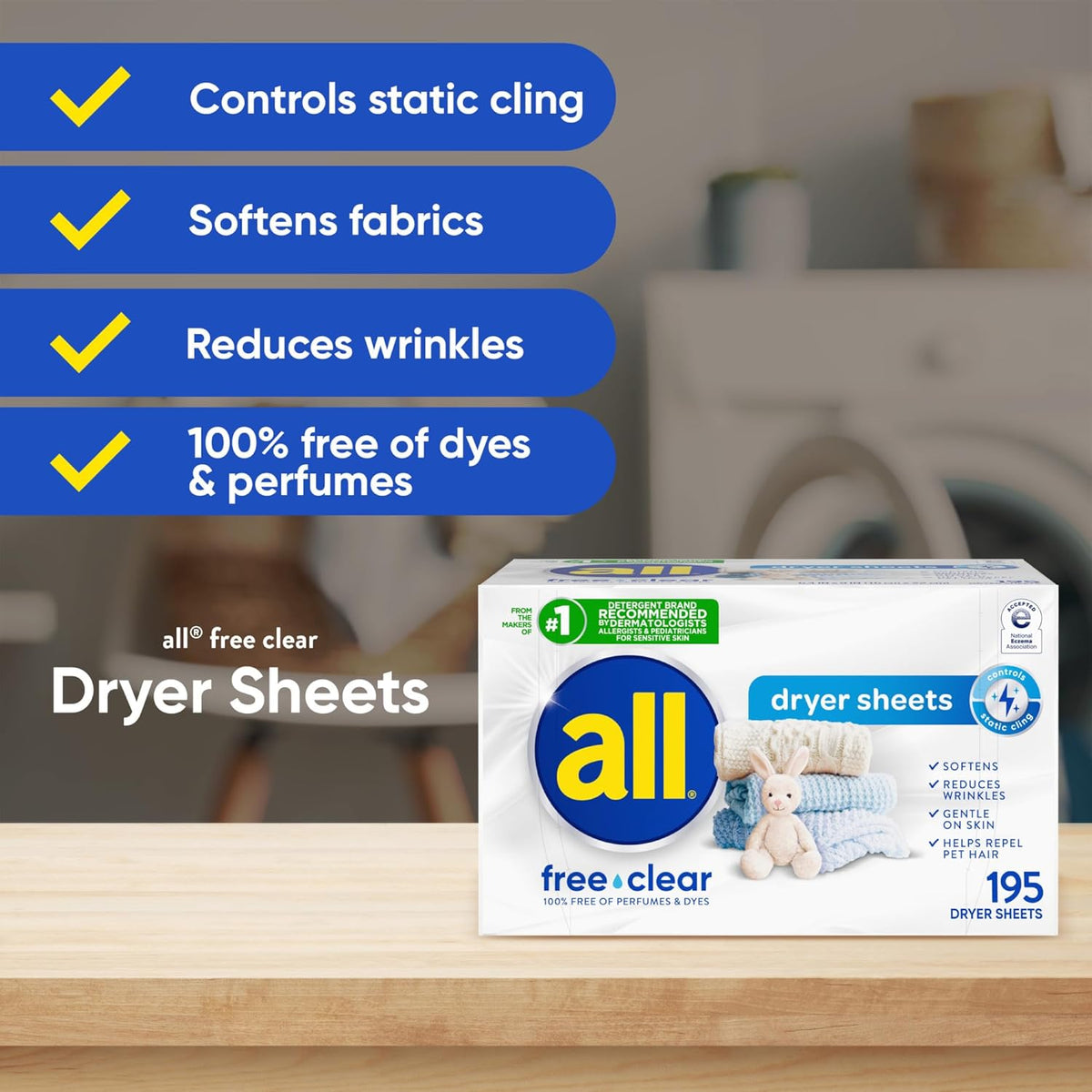 free clear Fabric Softener Dryer Sheets for Sensitive Skin, 195 Count