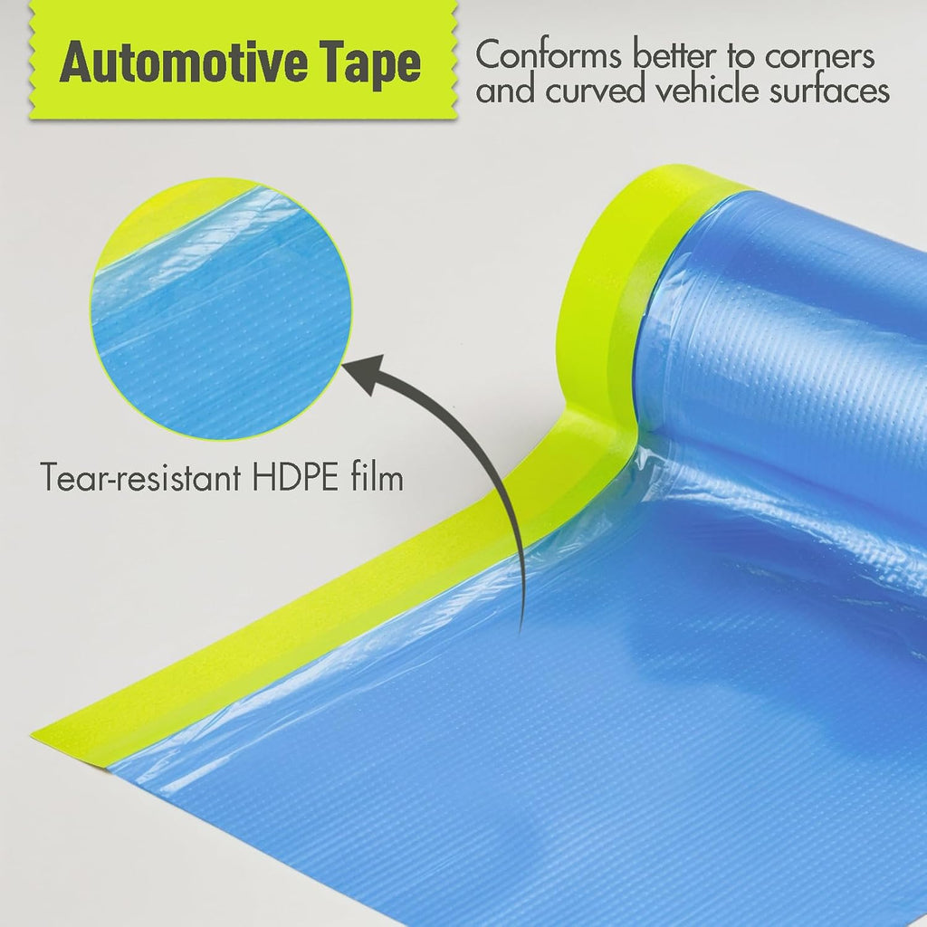 Pre-Taped Masking Film for Painting - 44" x 66' Painters Plastic Sheeting with Automotive Paint Tape and Drape for