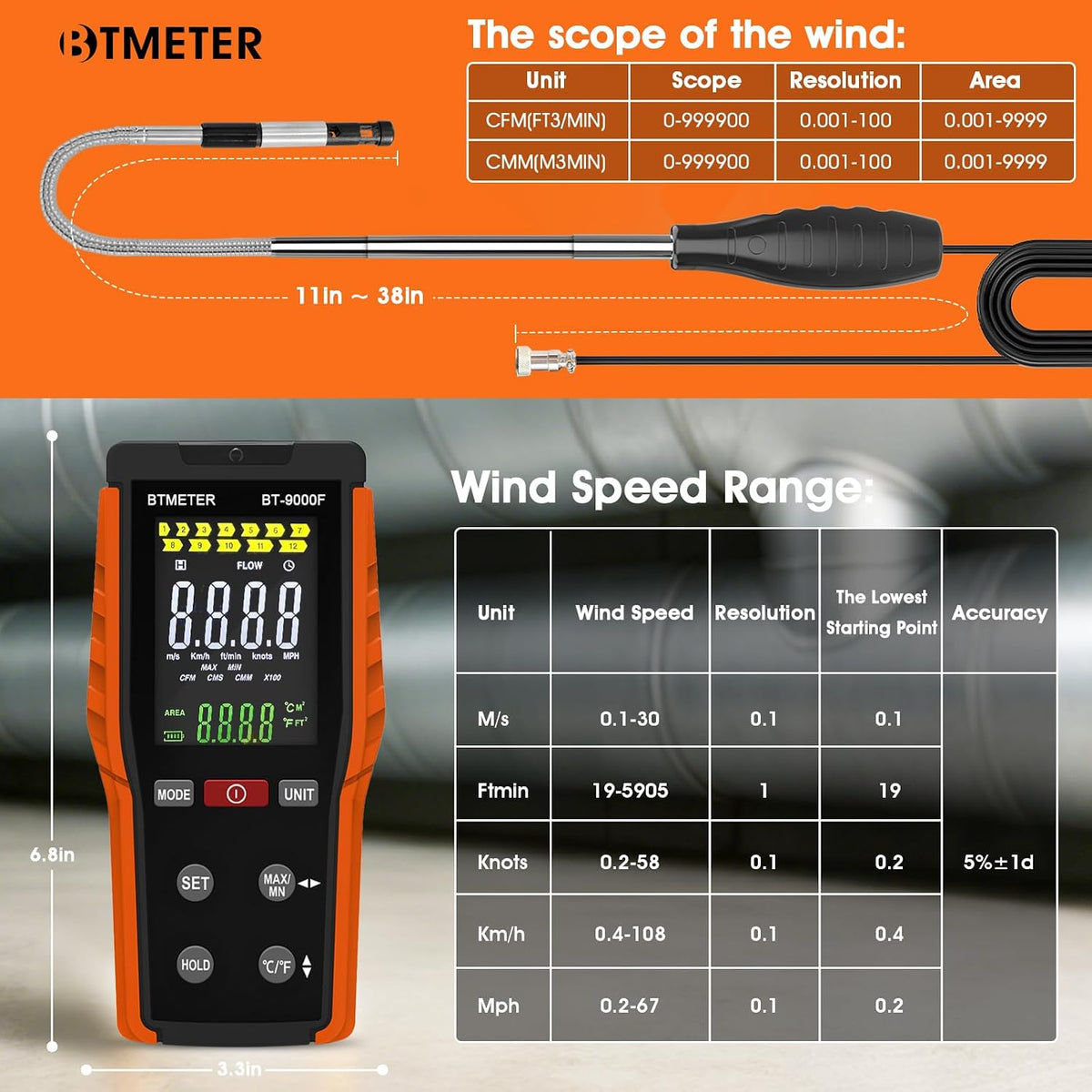 BTMETER BT-9000F Hot Wire Anemometer CFM Handheld Wind Speed Meter Gauges