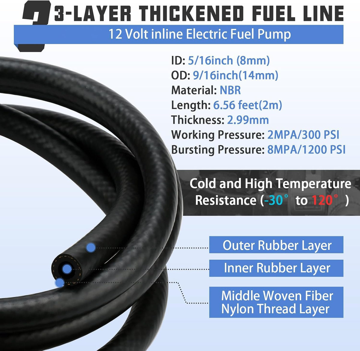 Electric Fuel Pump Kit 12V Universal Low Pressure Transfer Inline with 10pcs Hose Clamps 6.56 FT 5/16" ID Fuel Line