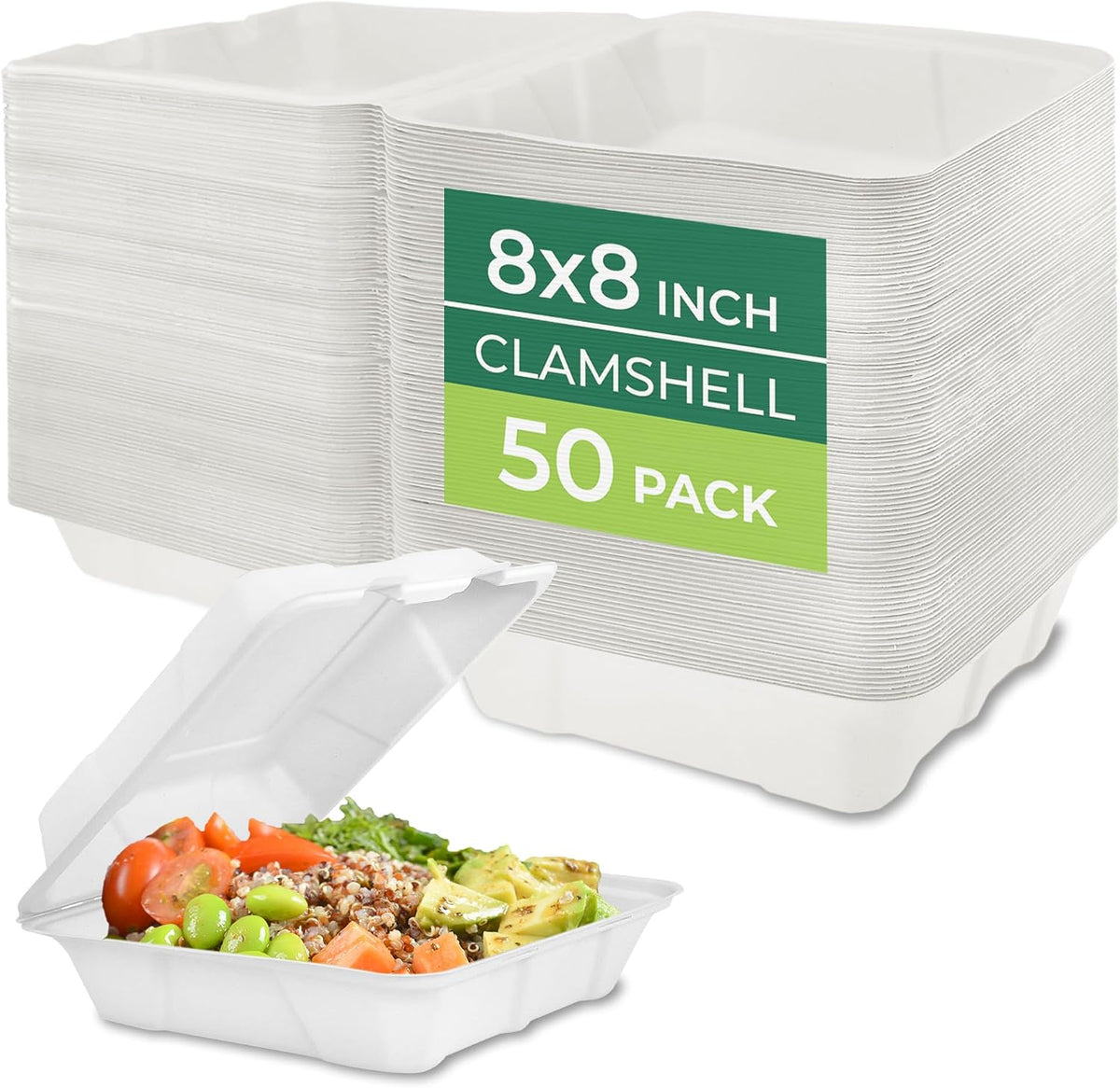 Compostable Clamshell Food Containers - 8x8" 50-Pack, Biodegradable Sugarcane To Go Boxes, Heavy Duty Paper Container