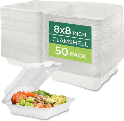 Compostable Clamshell Food Containers - 8x8" 50-Pack, Biodegradable Sugarcane To Go Boxes, Heavy Duty Paper Container