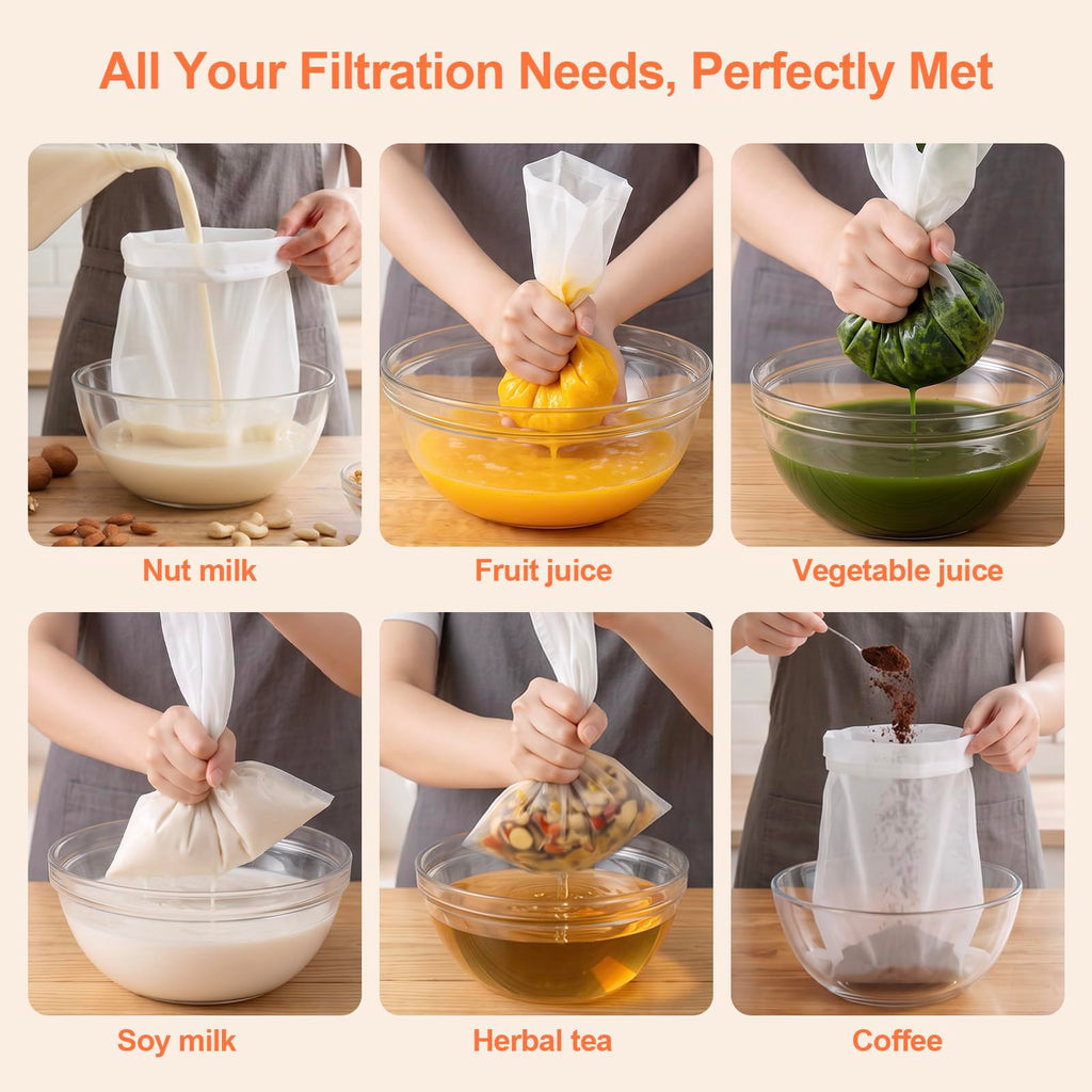 Nut Milk Bag， Reusable Food Strainer Bag,200-Mesh 6-Pack