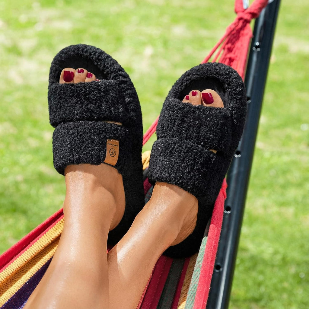 Womens Fuzzy Open-toe Slippers Memory Foam Indoor House Shoes | machine-washable,gifts,memory foam,anti-slip