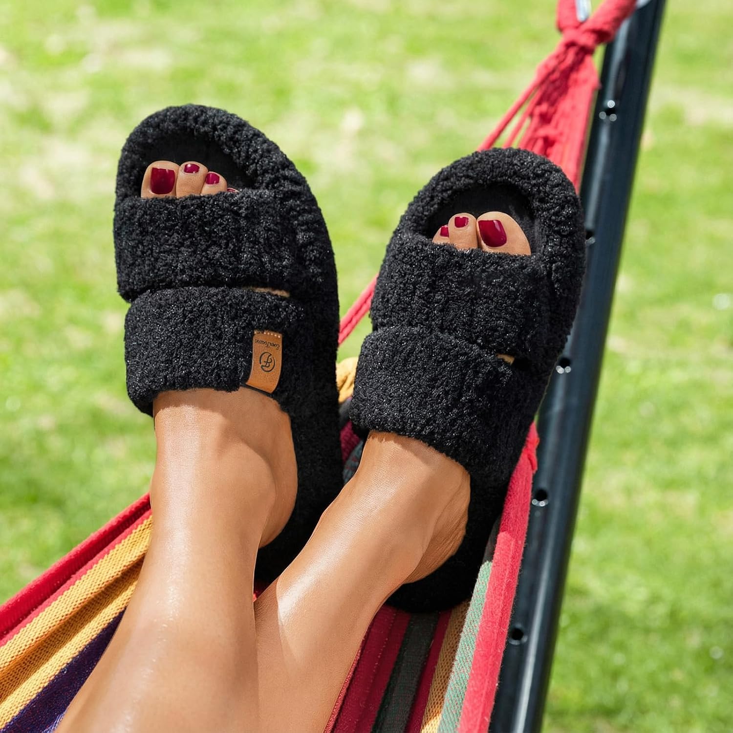 Womens Fuzzy Open-toe Slippers Memory Foam Indoor House Shoes | machine-washable,gifts,memory foam,anti-slip