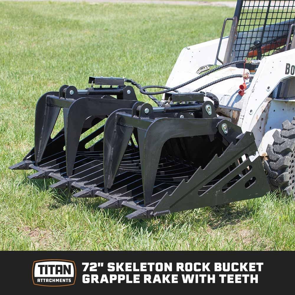 72" Skeleton Rock Grapple Rake with Teeth, Skid Steer Quick Tach Hookup, Fine Grade Tines for Sifting, Side Cutters