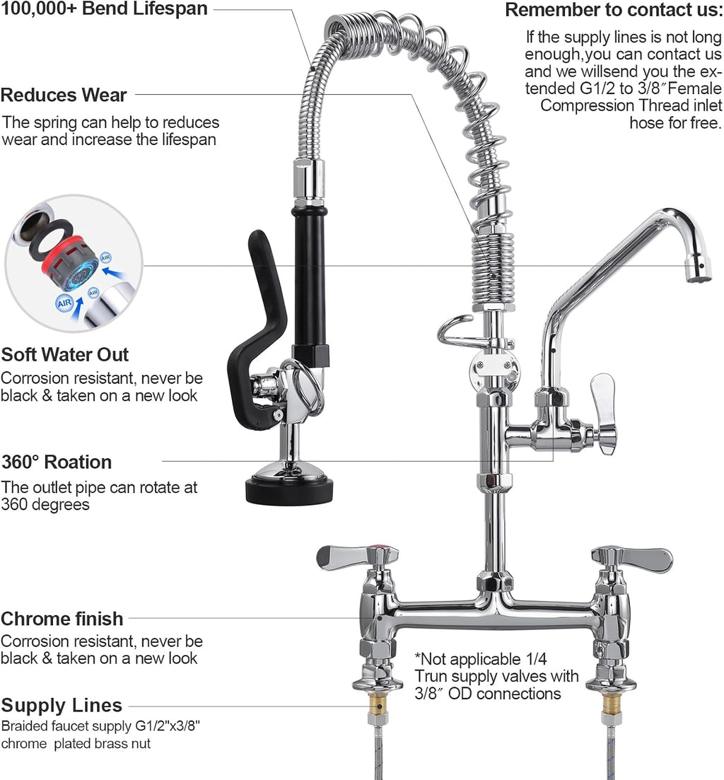 Commercial Kitchen Faucet Deck Mount with Pre-Rinse Sprayer 21" Height Kitchen Sink Faucet 8 Inch Center with 10"