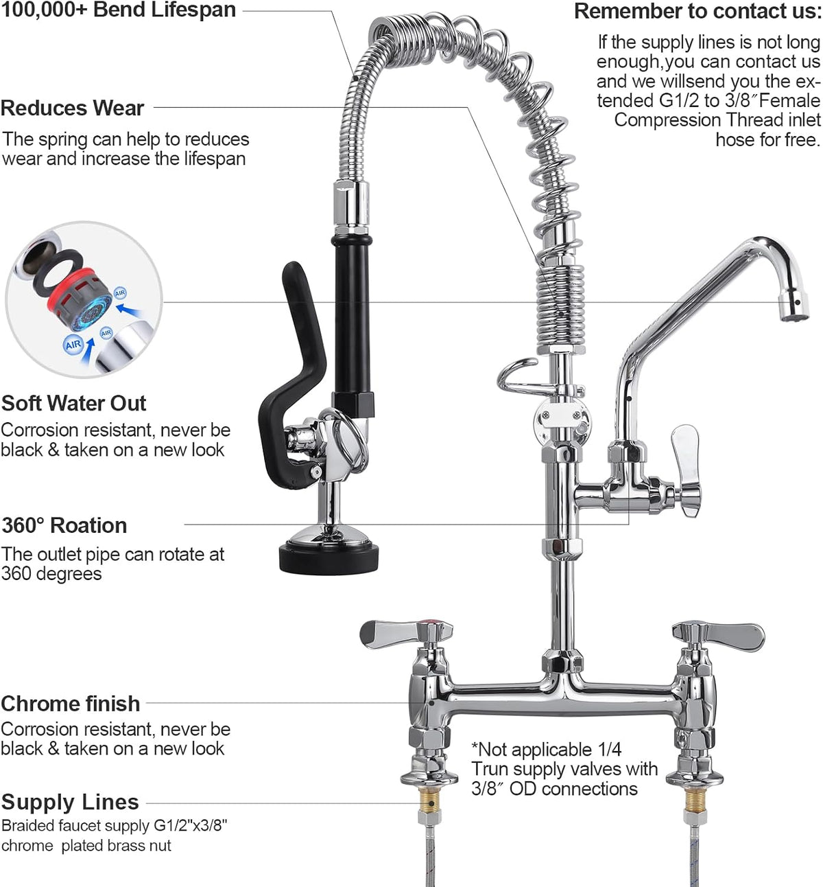 Commercial Kitchen Faucet Deck Mount with Pre-Rinse Sprayer 21" Height Kitchen Sink Faucet 8 Inch Center with 10"