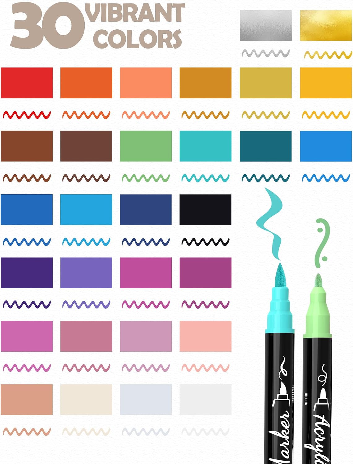 30 Colors Dual Tip Acrylic Paint Markers, Premium Brush&Fine Acrylic Paint Pens for Rock, Wood, Paper, Fabric