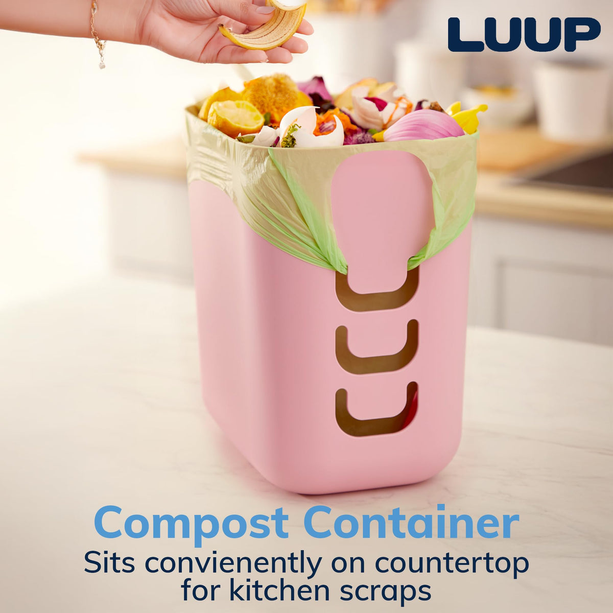 Luup Bathroom Wastebasket, Secure Grocery Bags, Plastic Garbage Container for Vanity, Laundry Room, Kitchen, Office