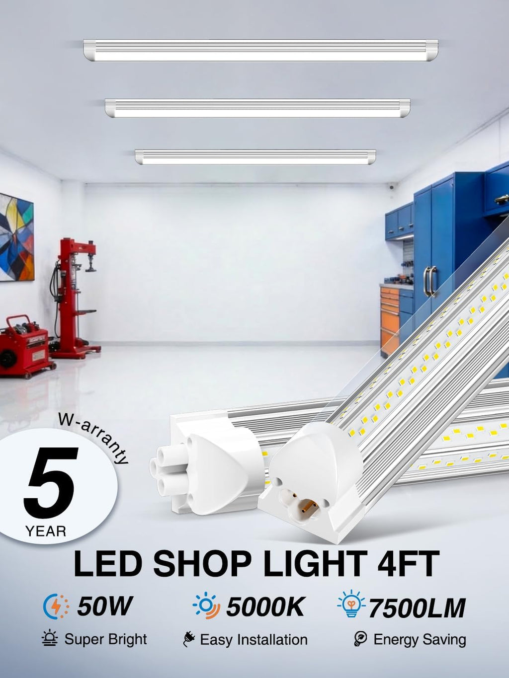 ELEKICO 6 Pack 50w 4ft Led Shop Light, Super Bright 7500lm 5000k V Shape 4' Led Shop Lights, Linkable 4 Foot Led Shop Lights for Garage Warehouse, Supermarket, Basement, Barn, Storage Area