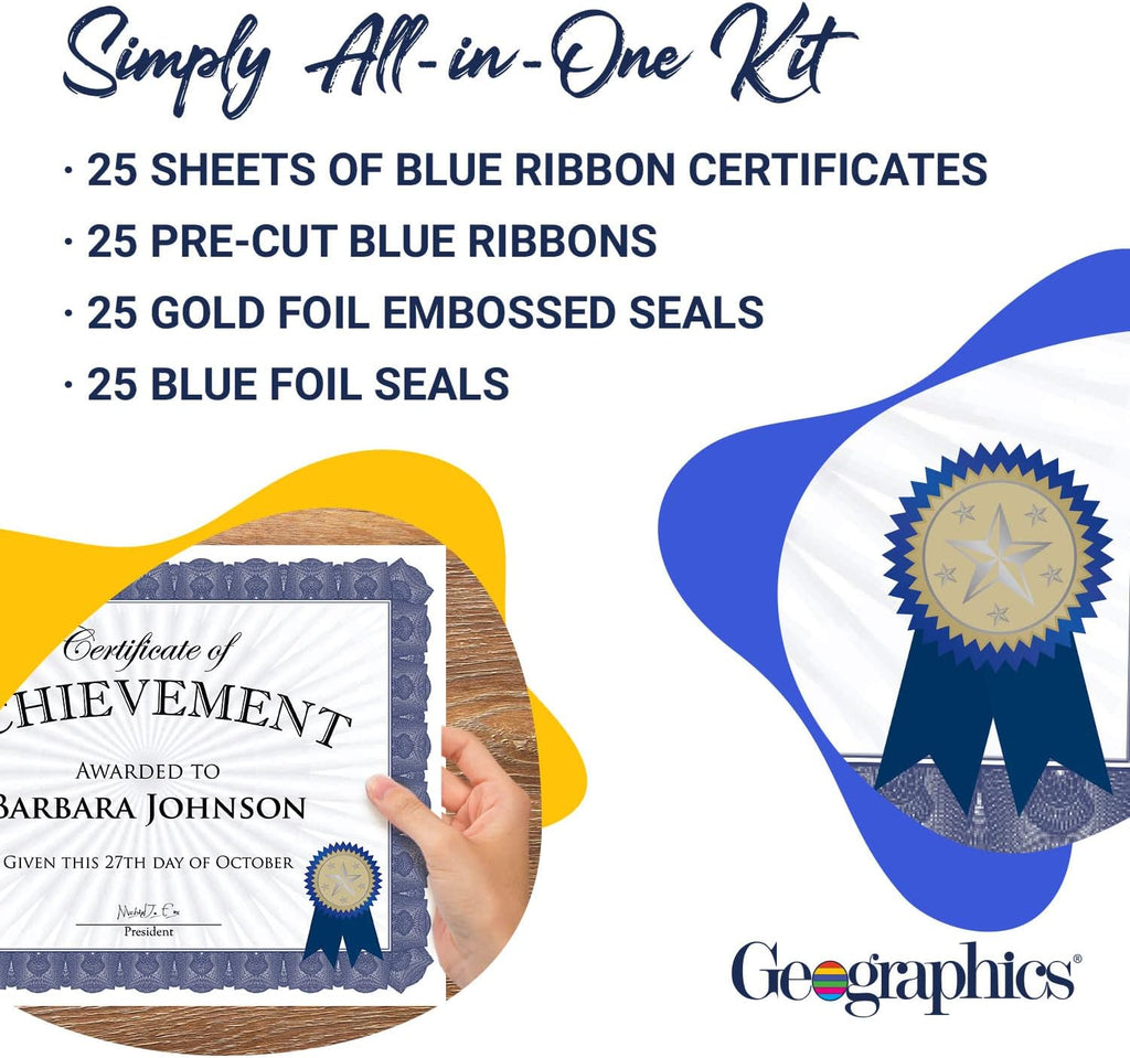 Award Certificate Kit, 8.5 x 11" Blank Certificate Paper, Gold Foil Seals & Blue Ribbon Stickers (Pack of 25)