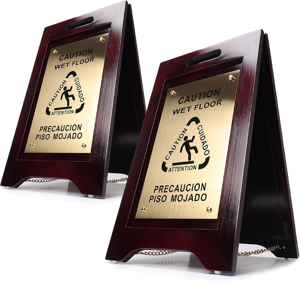 Wooden Caution Wet Floor Sign, Bilingual, Non-Skid Feet, Brass Plate, 2Pack | Premium wet floor sign w/ bilingual