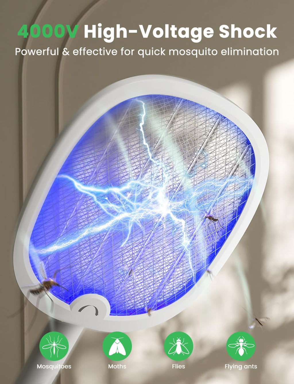 Electric Fly Swatter Foldable Bug Zapper Racket 2 in 1 Mosquito Killer with Purple Attractant Light Rechargeable