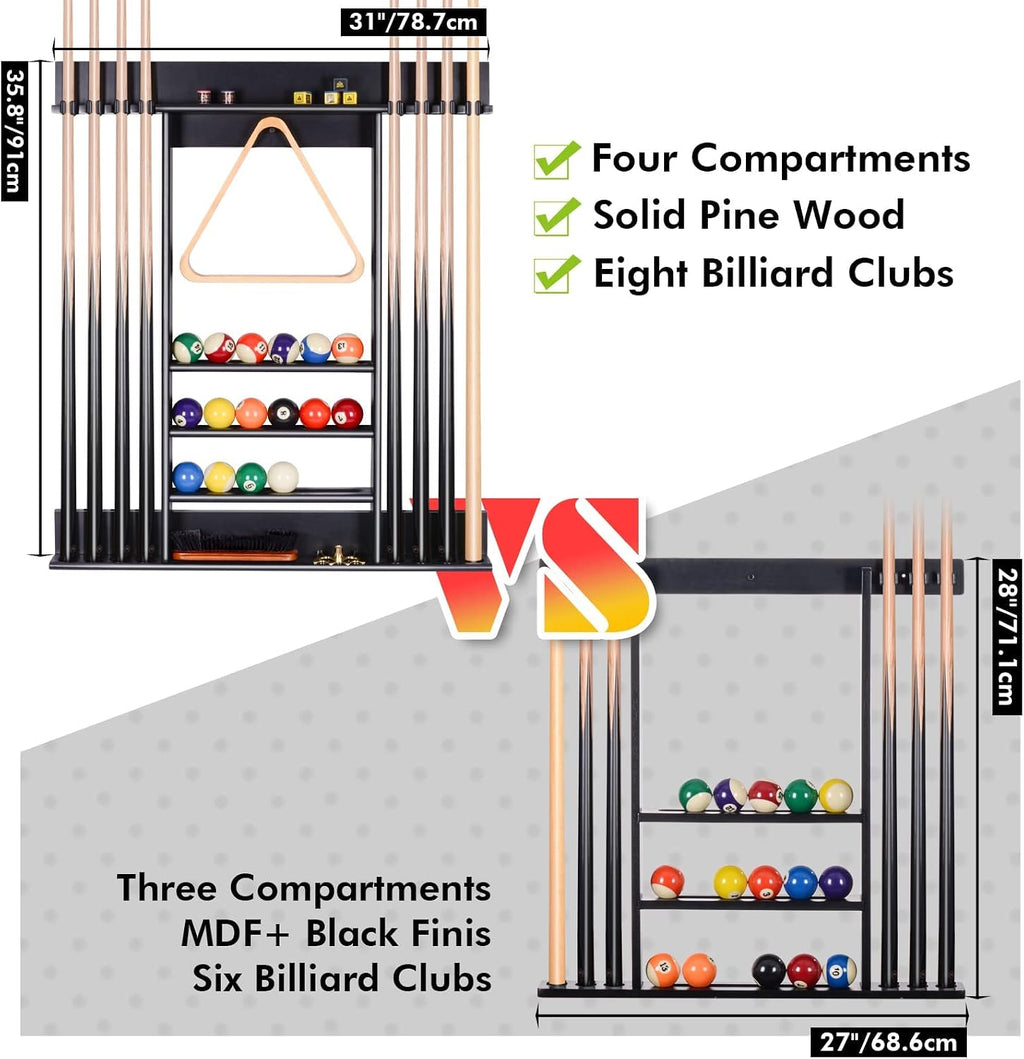 Pool Cue Rack Wall Mount For 8 Cues, Balls & Billiard Accessories Storage | 100% Solid Pine Wood Pool Stick Holder