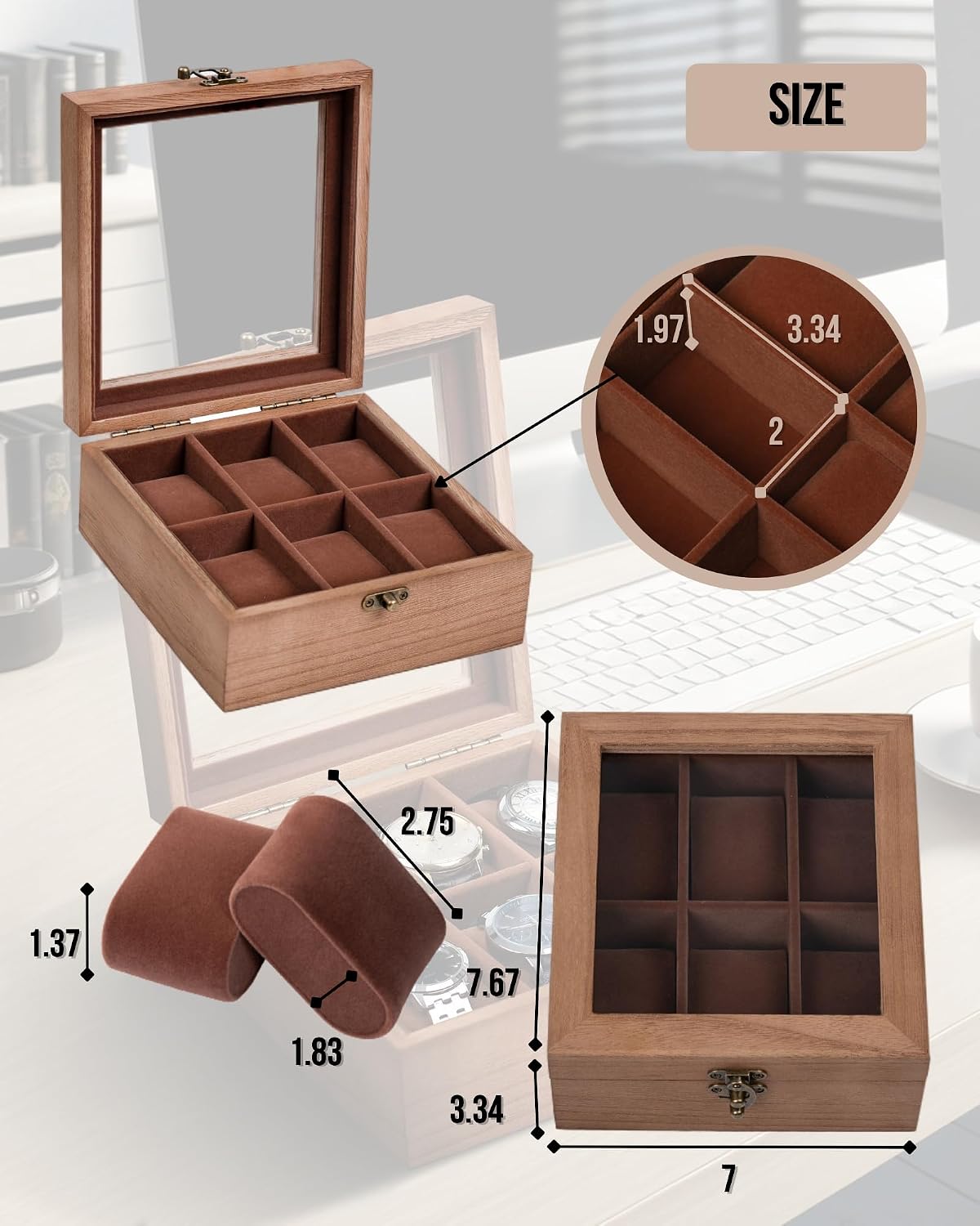 Watch Box, Watch Case for Men Women with Large Glass Lid, Wooden Watch Display Storage Box with 6 - Slots, Retro