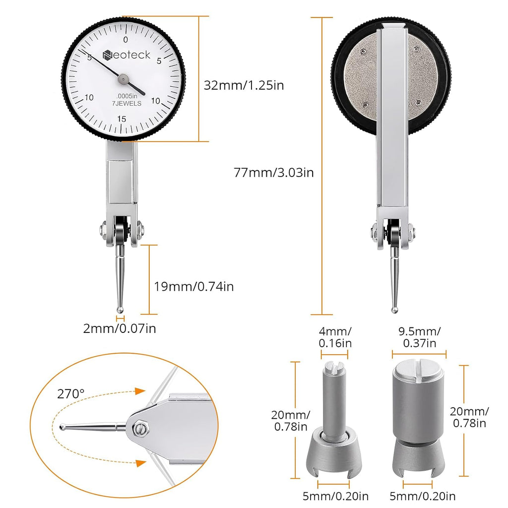 Neoteck 0-0.03"/0.0005" Dial Test Indicator with Storage Case,Brass Body
