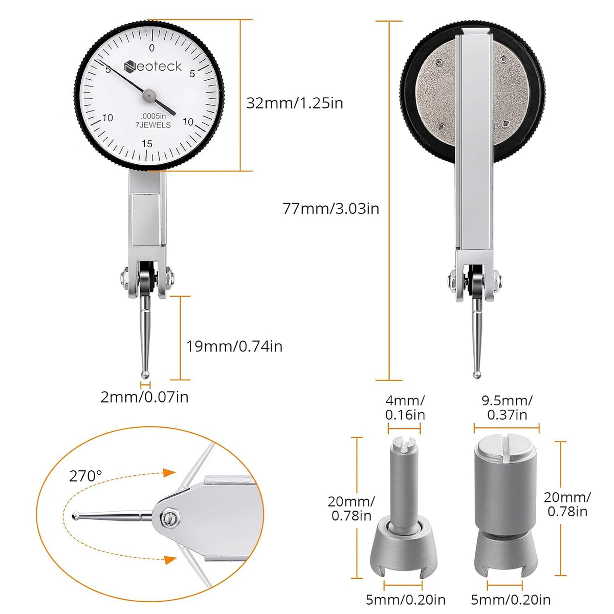Neoteck 0-0.03"/0.0005" Dial Test Indicator with Storage Case,Brass Body
