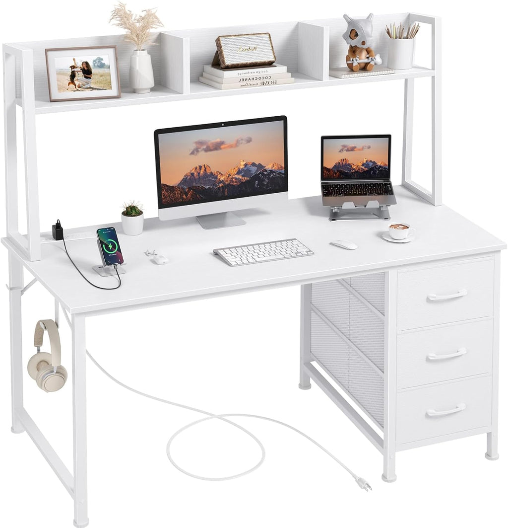 White Computer Desk with Hutch & Drawers - 47 Inch Modern Study Writing Office Desk with 3 Storage Drawers and Power