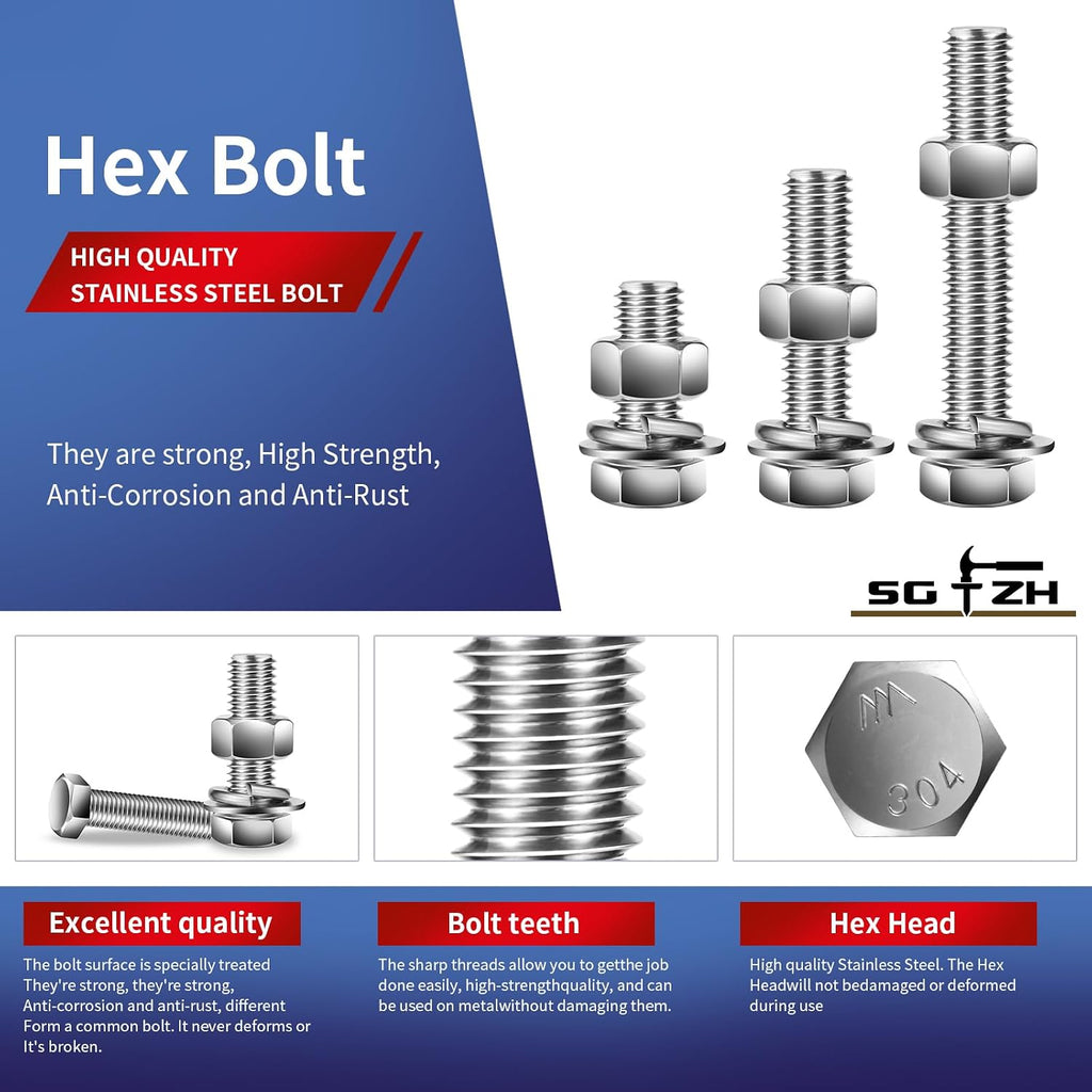 1/4-20 x 6 Hex Head Screw Bolt, Nuts, Flat & Lock Washers, 20Pcs 18-8 (304) Stainless Steel, Fully Threaded, by SG TZH
