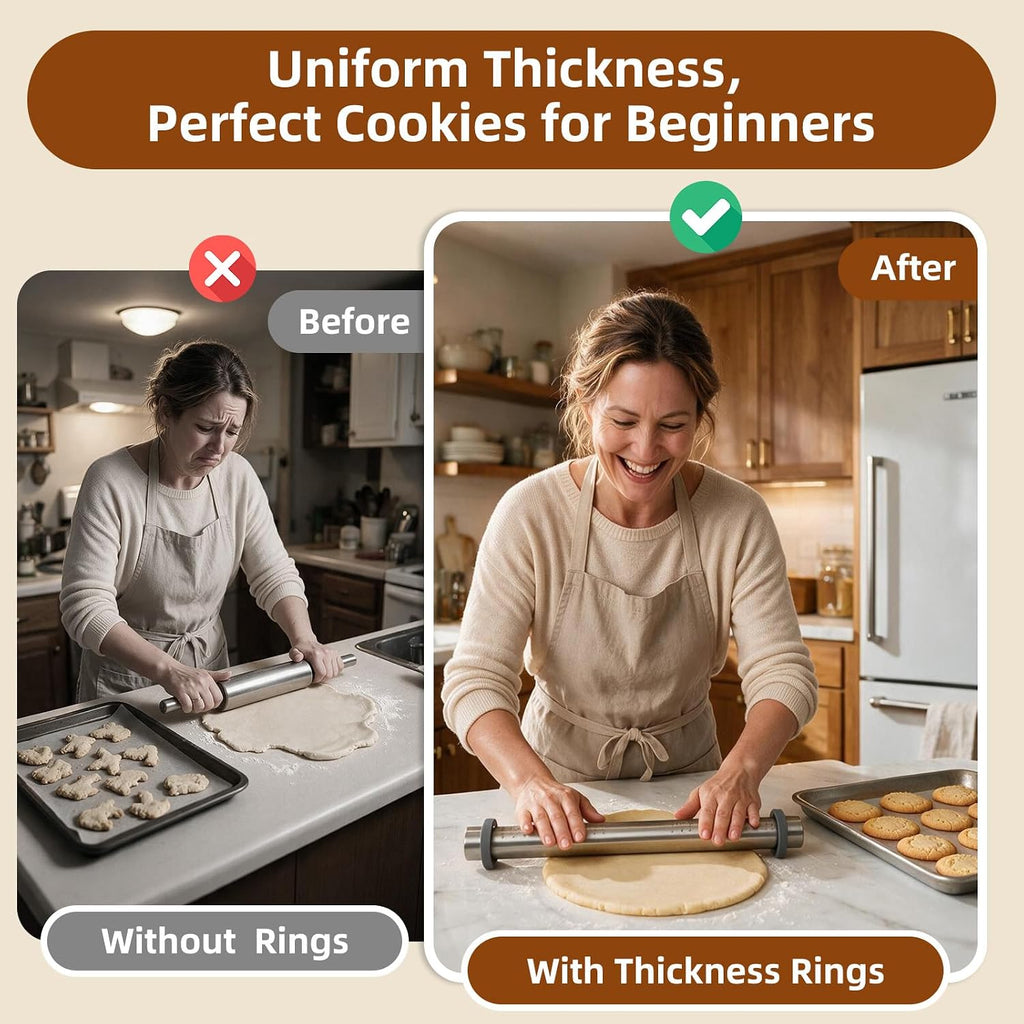 Adjustable Rolling Pin with Thickness Rings for Baking -Roller for Cake Pop