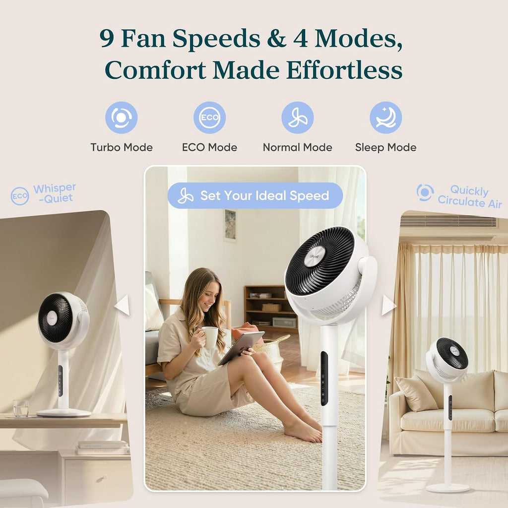 Standing Fan for Bedroom, 120° Oscillating Fan, 20dB quiet for Sleep | 908CFM Airflow, 9 Speeds 4 Modes, DC Motor