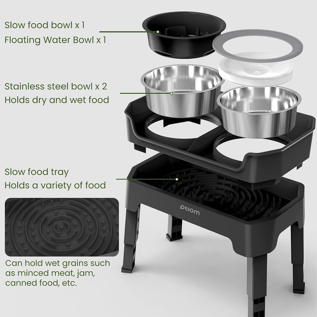 4-in-1 Elevated Slow Feeder Dog Bowls, 4 Height Adjustable Mess Proof Raised Dog Bowl Stand with No Spill Water Bowl