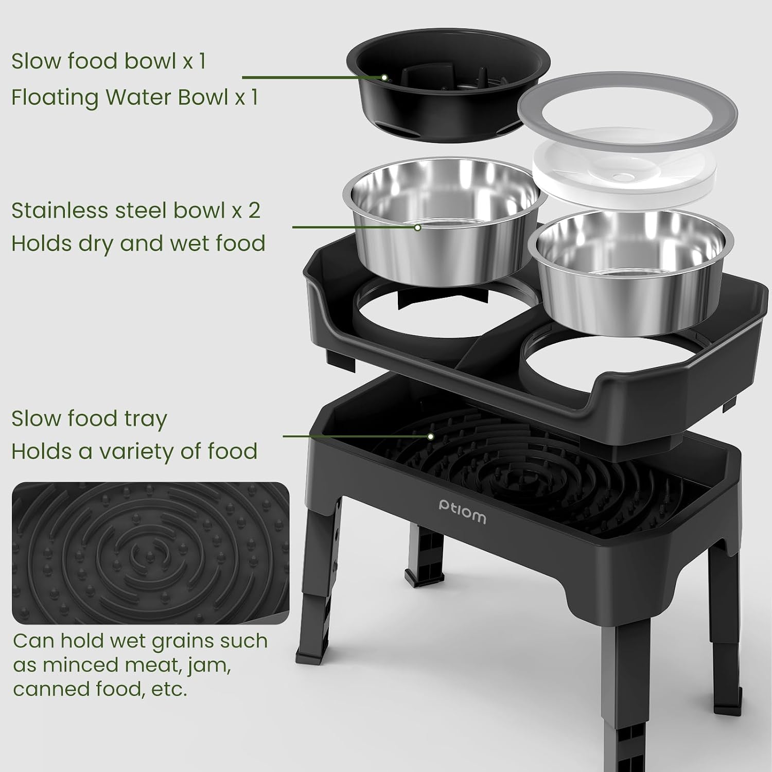 4-in-1 Elevated Slow Feeder Dog Bowls, 4 Height Adjustable Mess Proof Raised Dog Bowl Stand with No Spill Water Bowl