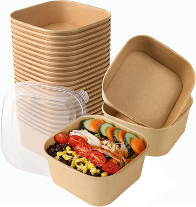 50 Sets 47 oz Disposable Kraft Paper Bowls with Lids - Square