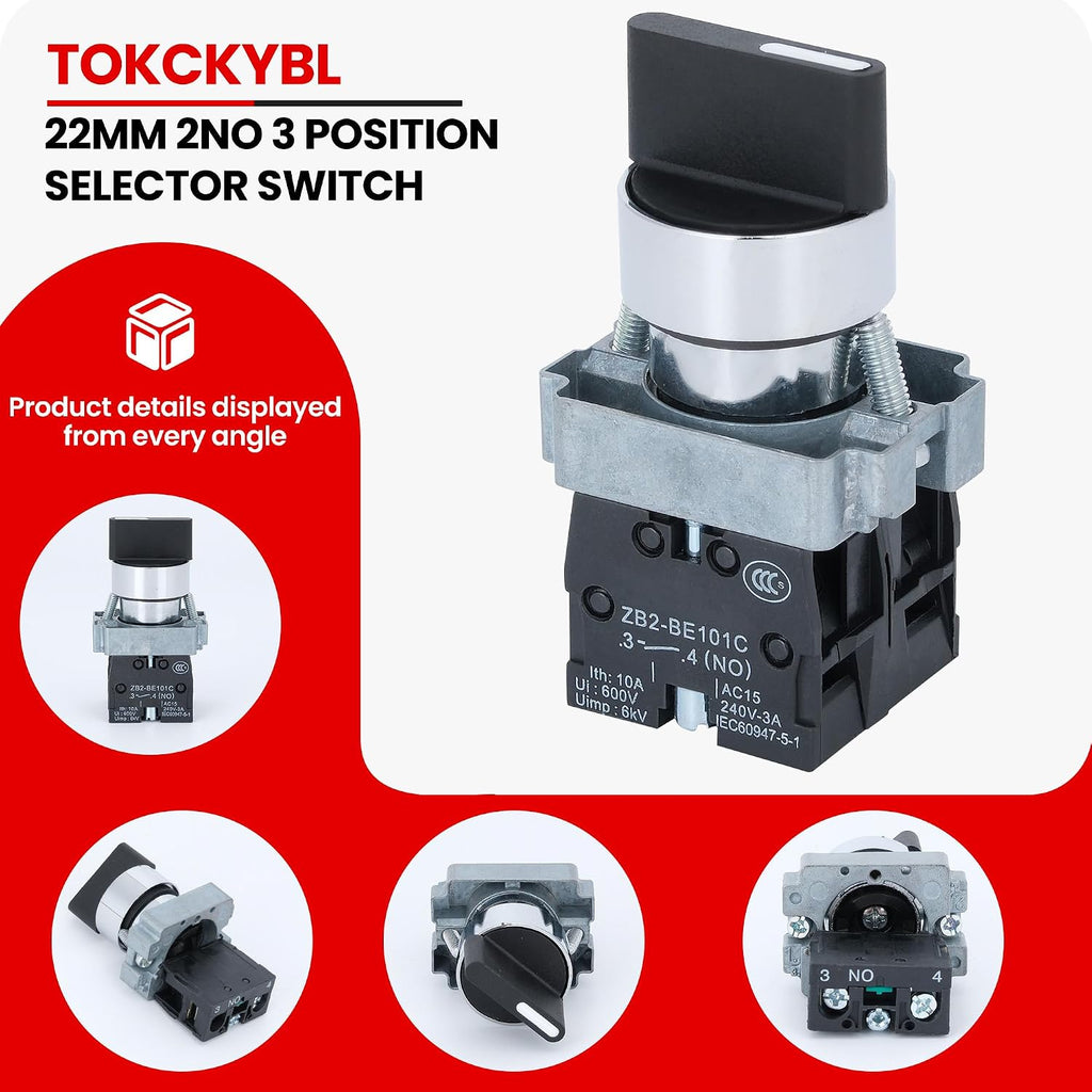 2 Pack 22mm 3 Position Maintained Selector Switch, 2NO 660V 10A