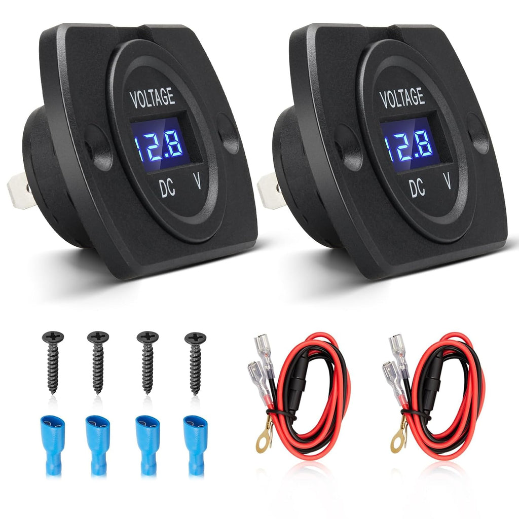 2Packs Car Voltage Meter Monitor 12V/24V Voltmeter Gauge with LED Digital Display Round Panel Mount Battery Monitor