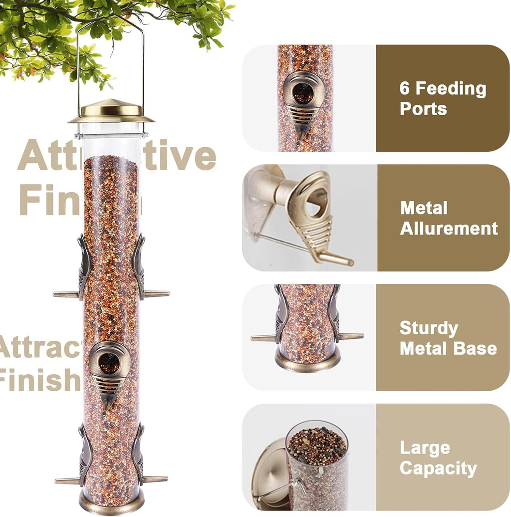 2PK Metal Bird Feeders with 6 Feeding Ports,Tube Bird Feeder with Steel Hanger,Hard Plastic Wild Bird Feeder for