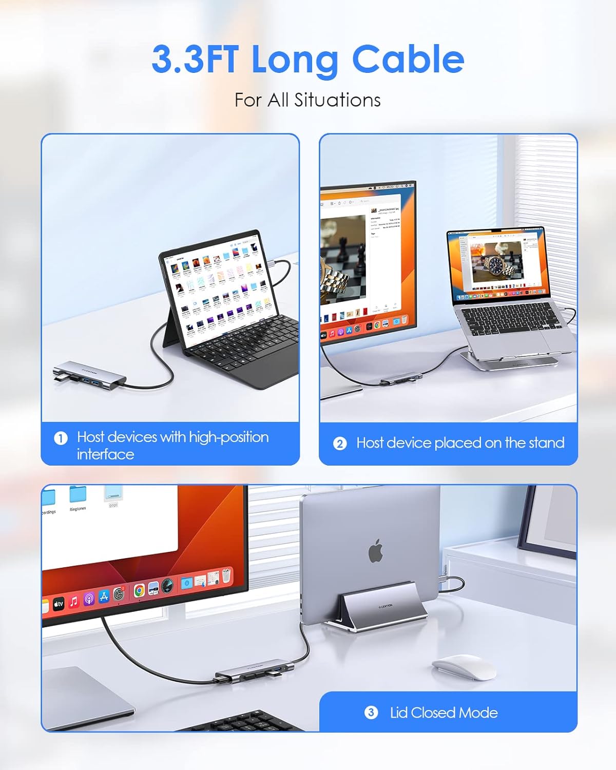 3.3FT Long Cable USB C Hub with 4K HDMI, 100W PD Charging, 4 USB 3.0 Port & LED Indicator for MacBook Pro/Air, Dell