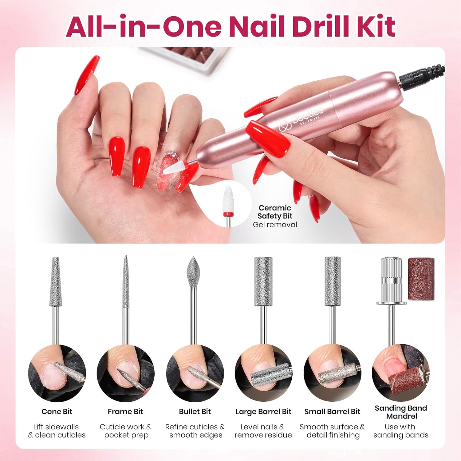 Beetles Electric Nail Drill Kit, 7 Drill Bit 0-12000 RPM Electric Nail File | Nail File Drill for Extension Builder