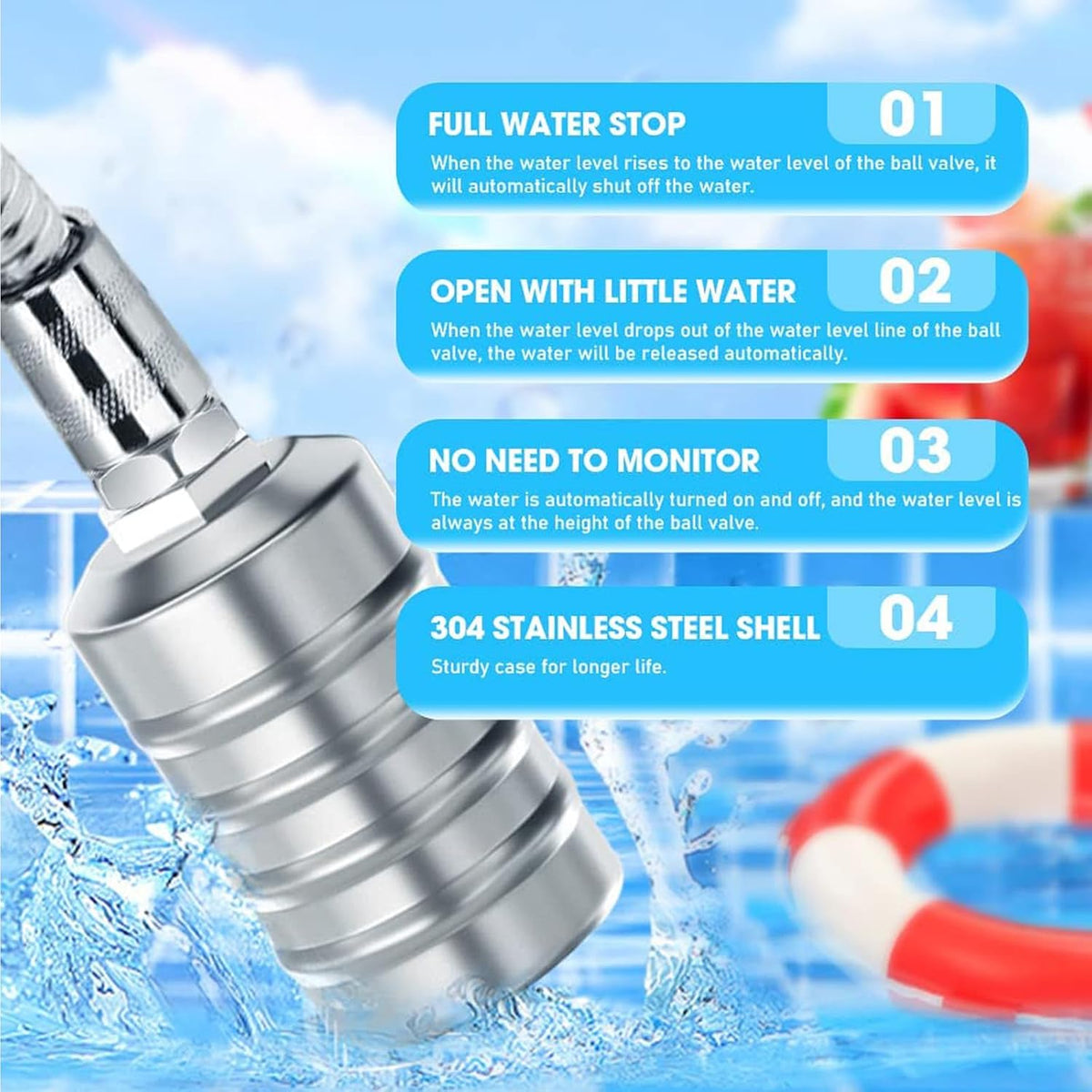 Water Float Valve, Auto Level Control, 304 Stainless, 1/2 in & 3/4 in