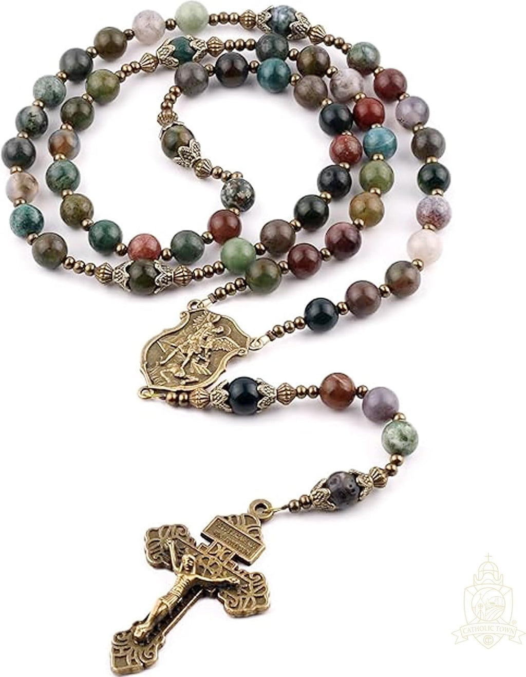 Catholic Town 8mm India Agate Natural Stone Beads, Large Rosary with Caps Saint Michael the Archangel Medal and