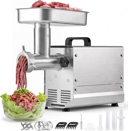 Commercial Meat Grinder, 11 Lbs/Min Capacity, #12 Electric Meat Mincer with 3 Plates, 3 Sausage Stuffing Tubes
