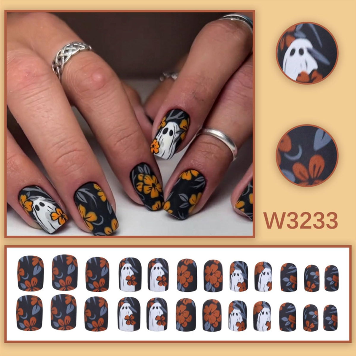 6 Sets(144Pcs) Halloween Press On Nails Short Square Fake Nails, Cute Ghost