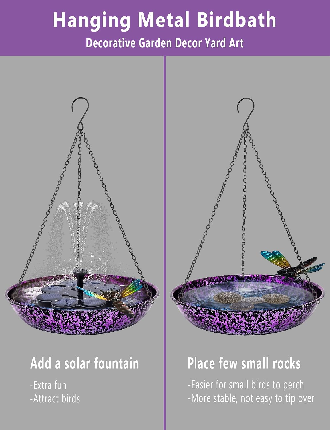 Hanging Bird Bath & Feeder, 11" Metallic Purple/Blue Metal Birdbath Bowl